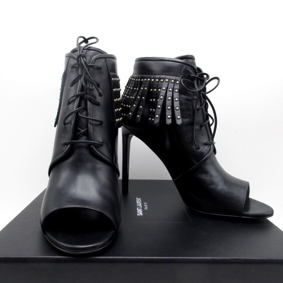 YSL Yves Saint Laurent Black Jane Studded Peep Toe Fringe Boots Booties … - Picture 4 of 4